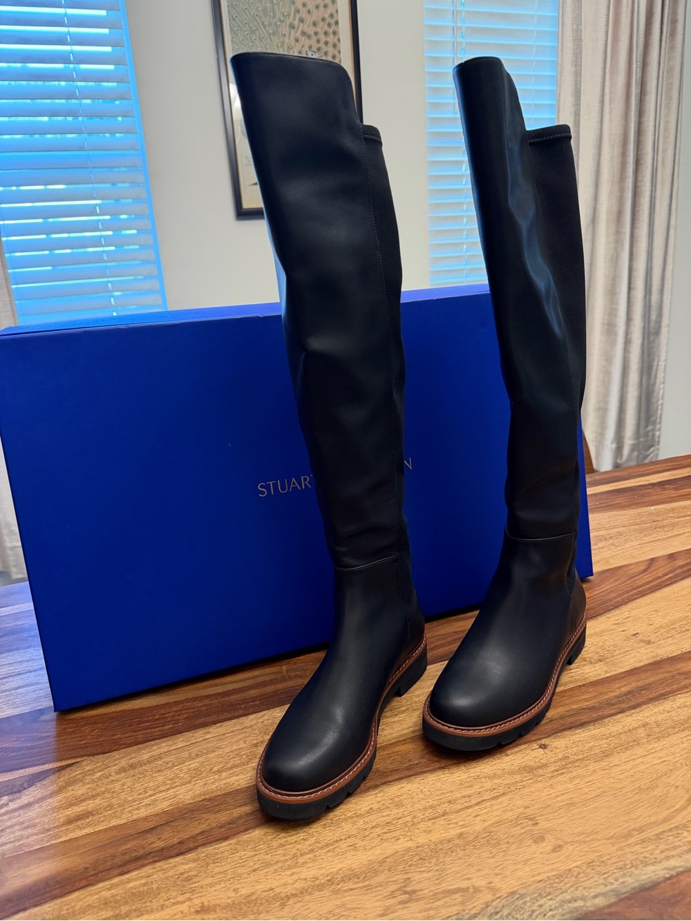 Stuart Weitzman Black Over-the-Knee Leather Boots with Brown Welt - 6